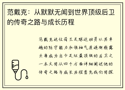 范戴克：从默默无闻到世界顶级后卫的传奇之路与成长历程