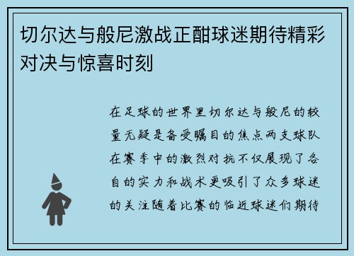 切尔达与般尼激战正酣球迷期待精彩对决与惊喜时刻