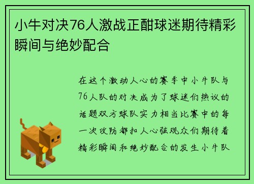 小牛对决76人激战正酣球迷期待精彩瞬间与绝妙配合